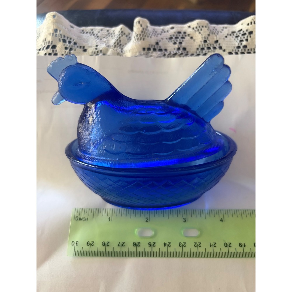 Vintage Cobalt Blue Glass Hen on Nest Trinket Dish Farmhouse Decor 4.5 Inch